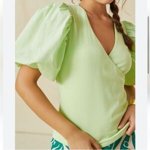 Anthropologie, New, Maeve Lime Green Puff Sleeve Cotton Wrap Top, Size Large
